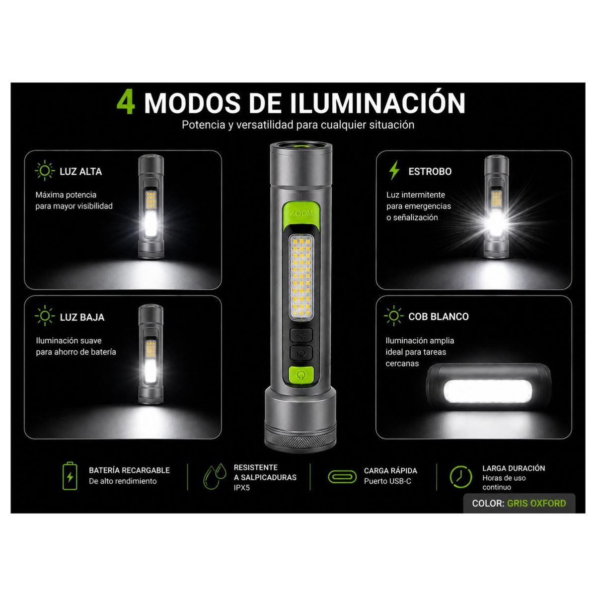 Linterna LED con zoom ajustable, COB lateral, IPX5 y USB-C (DT786) - foto 5
