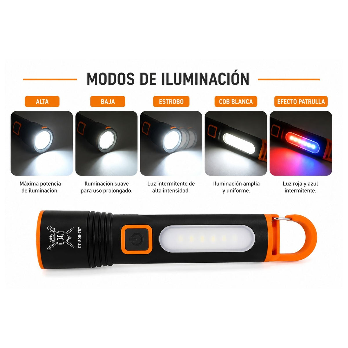 Linterna de mano LED con COB lateral, mosquetón y luz patrulla (DT787) - foto 4