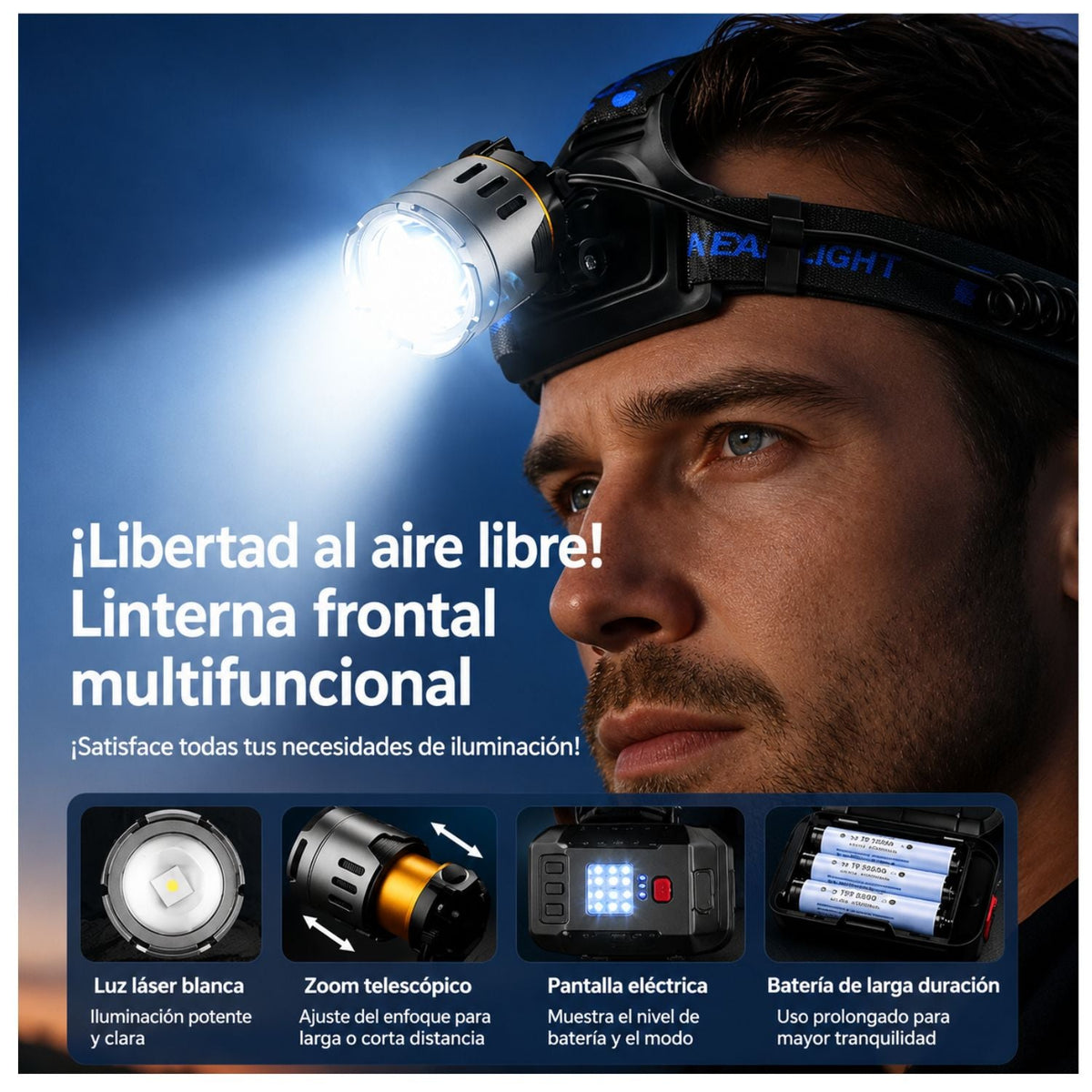 Lámpara frontal con zoom, cabezal 90° y luz trasera, baterías 18650 (DT788) - foto 7