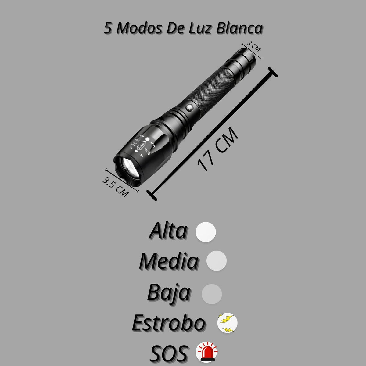 Lámpara LED T9 recargable con zoom y 5 modos, batería 18650 - foto 2