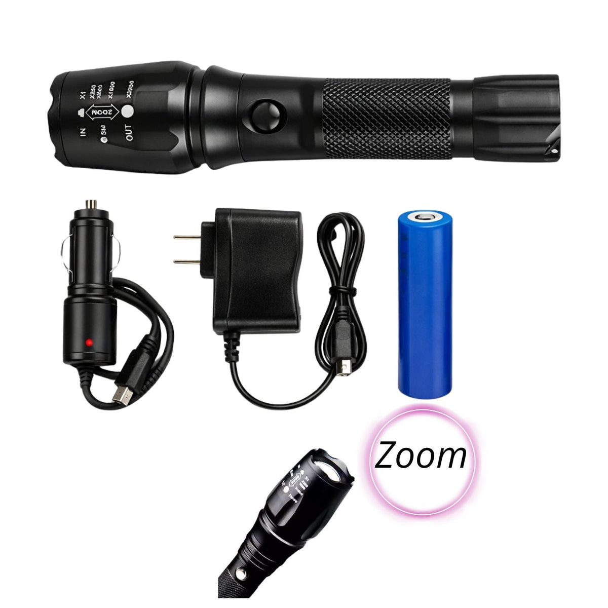 Lámpara LED T9 recargable con zoom y 5 modos, batería 18650 - foto 3