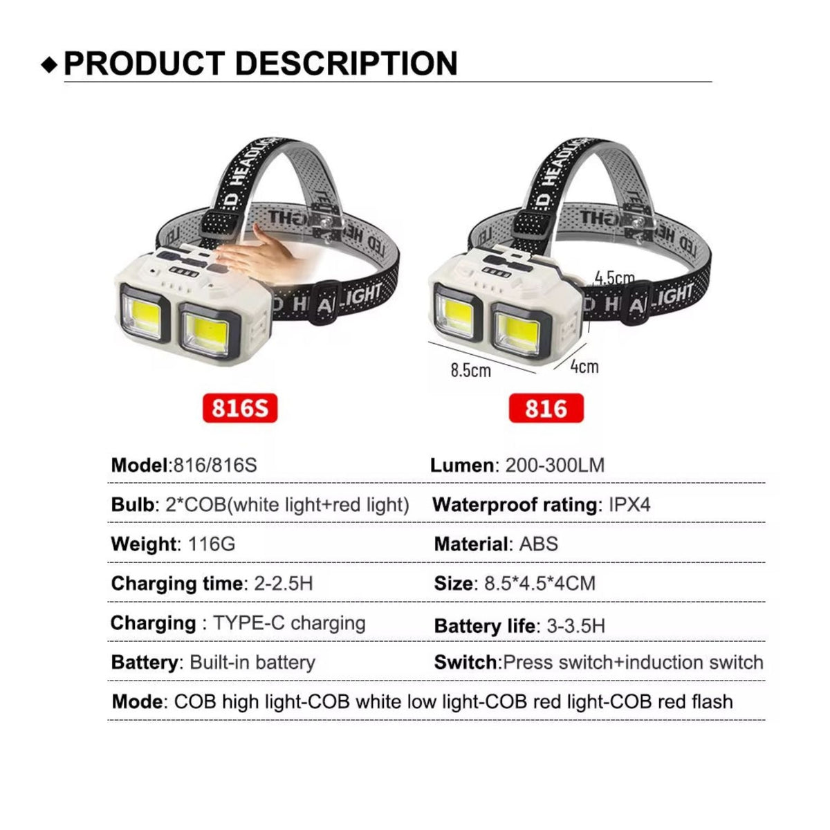 Linterna frontal LED y COB con sensor de movimiento y carga USB-C - foto 6