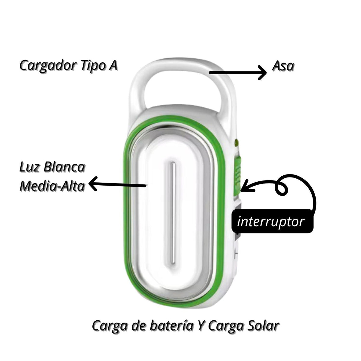 Lámpara LED portátil con carga solar y USB para apagones y camping