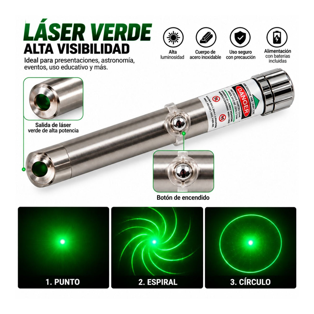 Puntero láser verde de cuerpo metálico con seguro de llave - foto 3