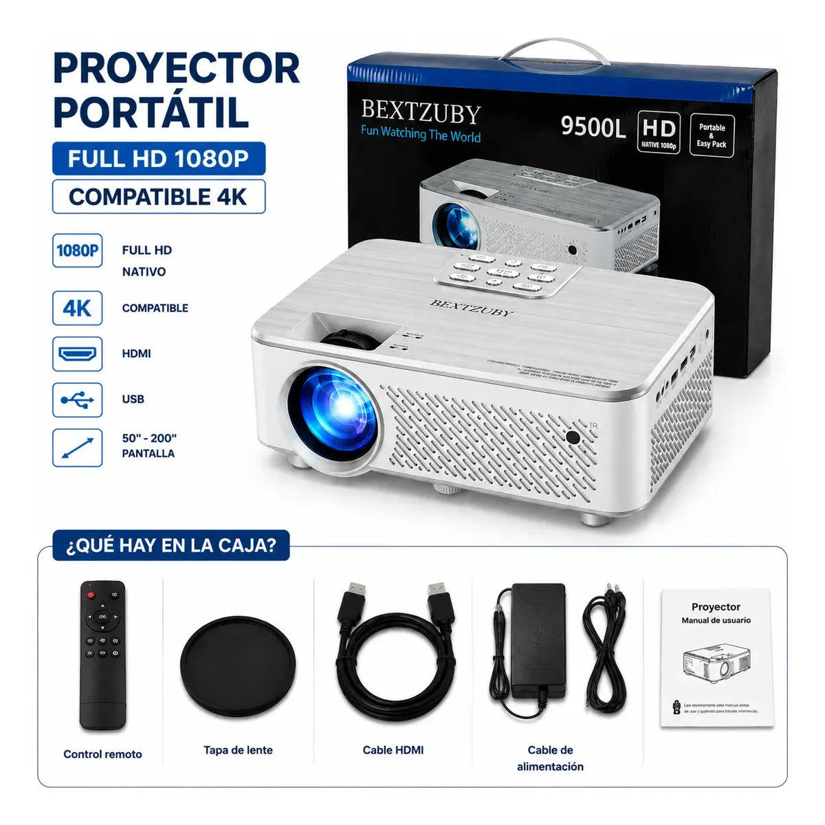 Proyector Portátil Mini Full HD 1080P Compatible 4K Bluetooth Cine en Casa HDMI USB