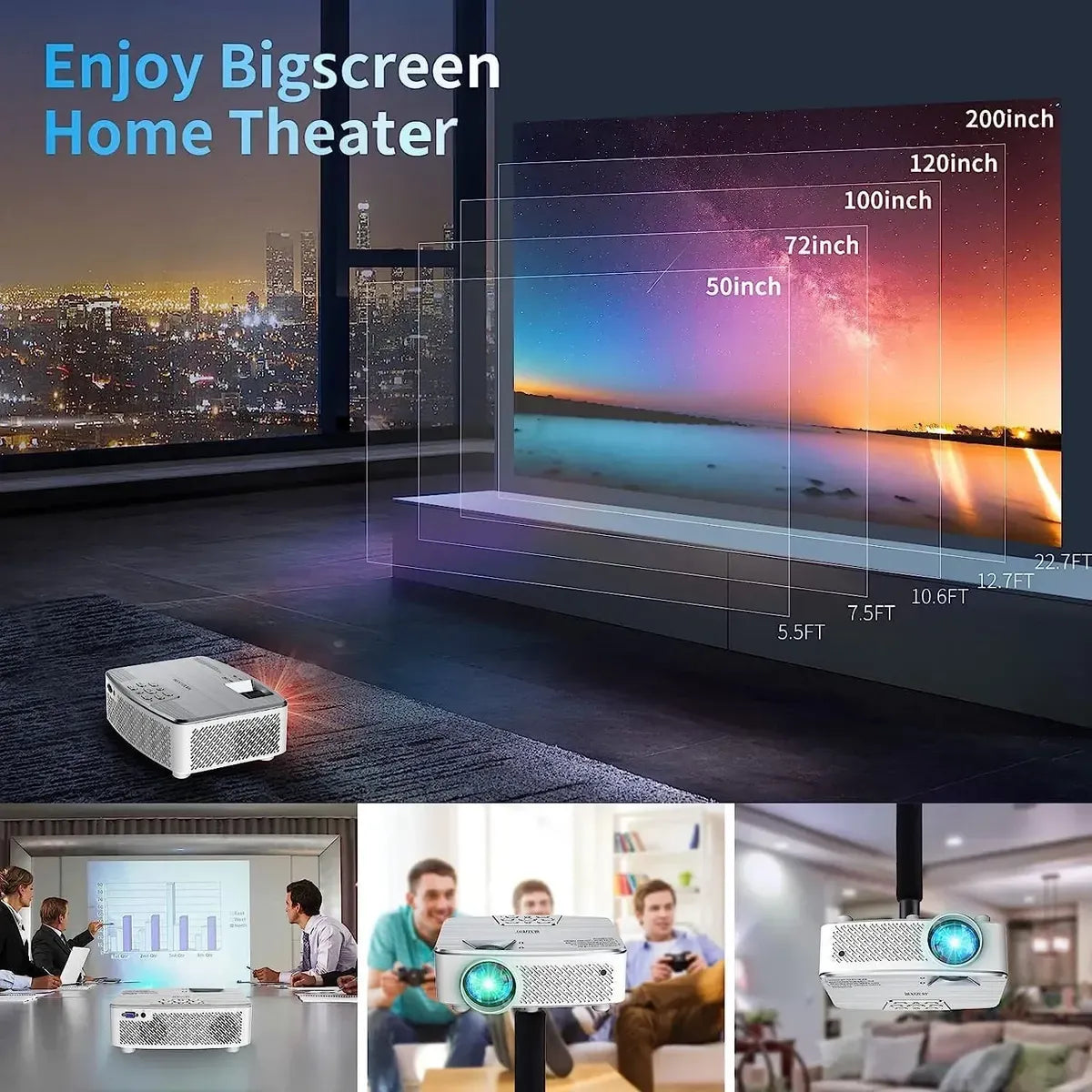Proyector Portátil Mini Full HD 1080P Compatible 4K Bluetooth Cine en Casa HDMI USB