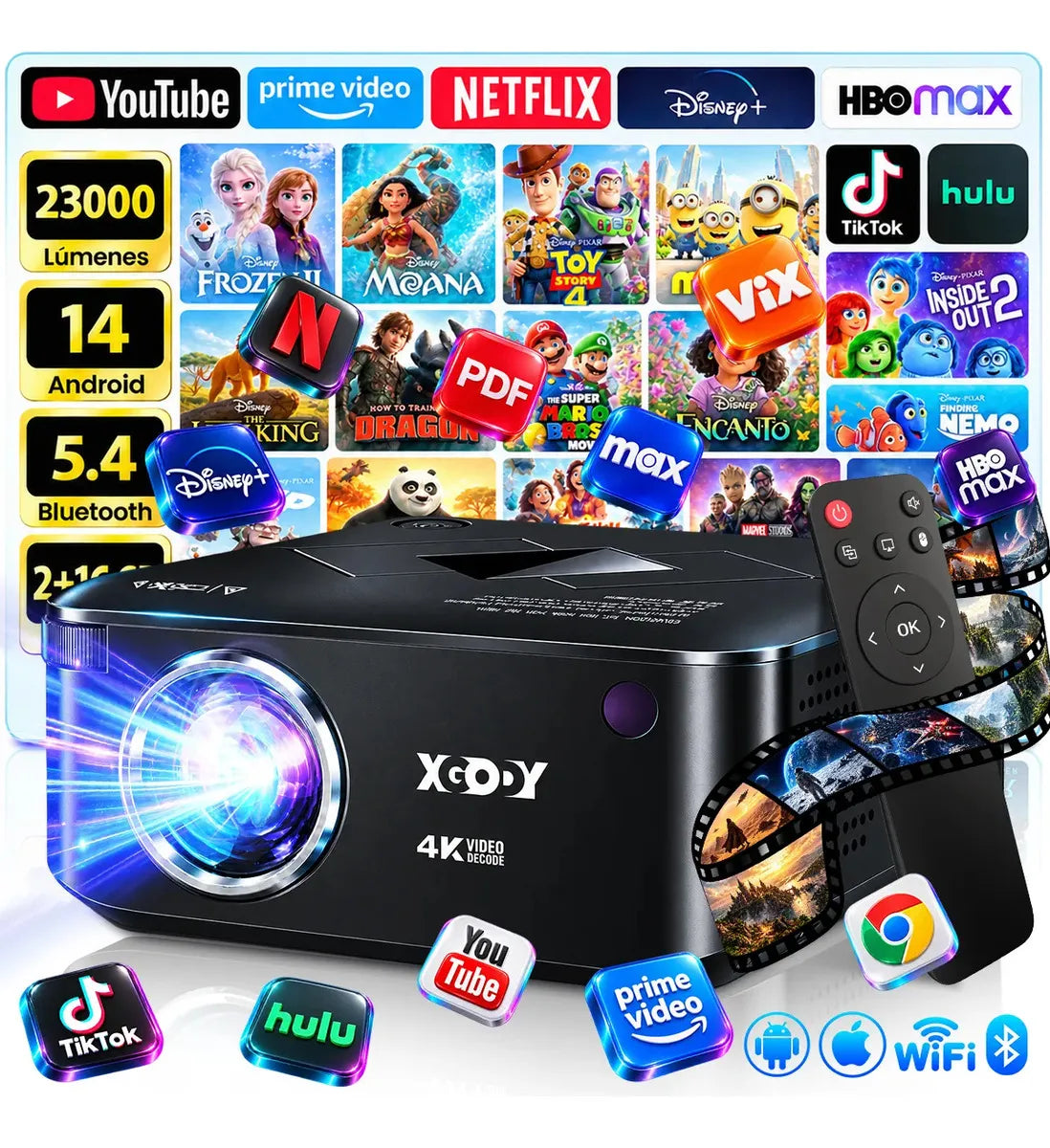 Proyector Xgody 4K 23000 Lúmenes 1080P Android 14 WiFi 6 Bluetooth 5.4