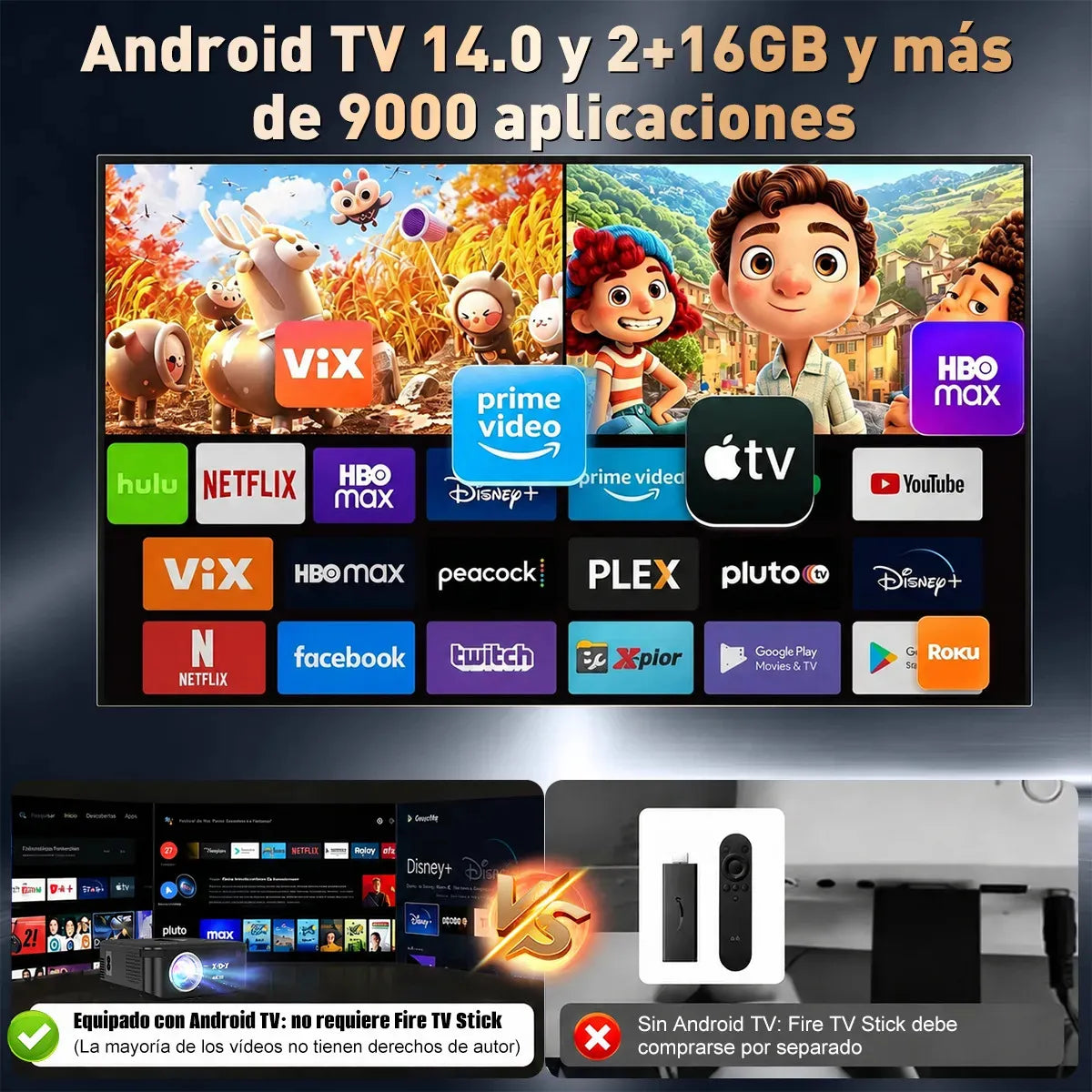 Proyector Xgody 4K 23000 Lúmenes 1080P Android 14 WiFi 6 Bluetooth 5.4