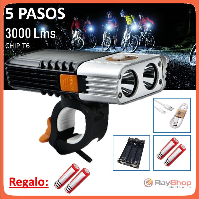 Luz frontal para bici con 2 LED CREE T6, 3000 lúmenes y 5 modos (DT37)