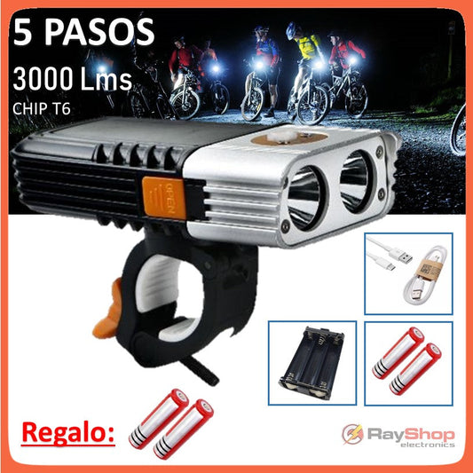 Luz frontal para bici con 2 LED CREE T6, 3000 lúmenes y 5 modos (DT37)