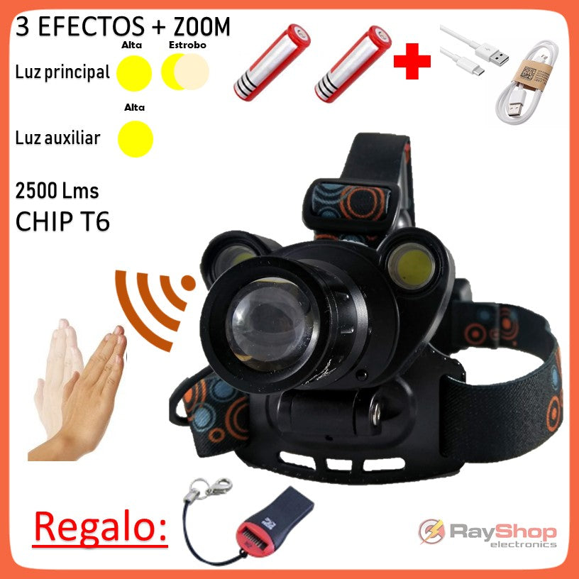 Lámpara frontal de 3 LED y 2500 lúmenes con sensor de mano y luz trasera (DT263)