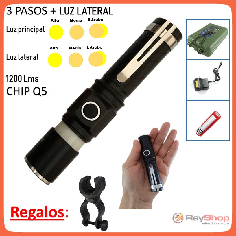 Mini linterna táctica 2 en 1 con imán, luz lateral y soporte para bici