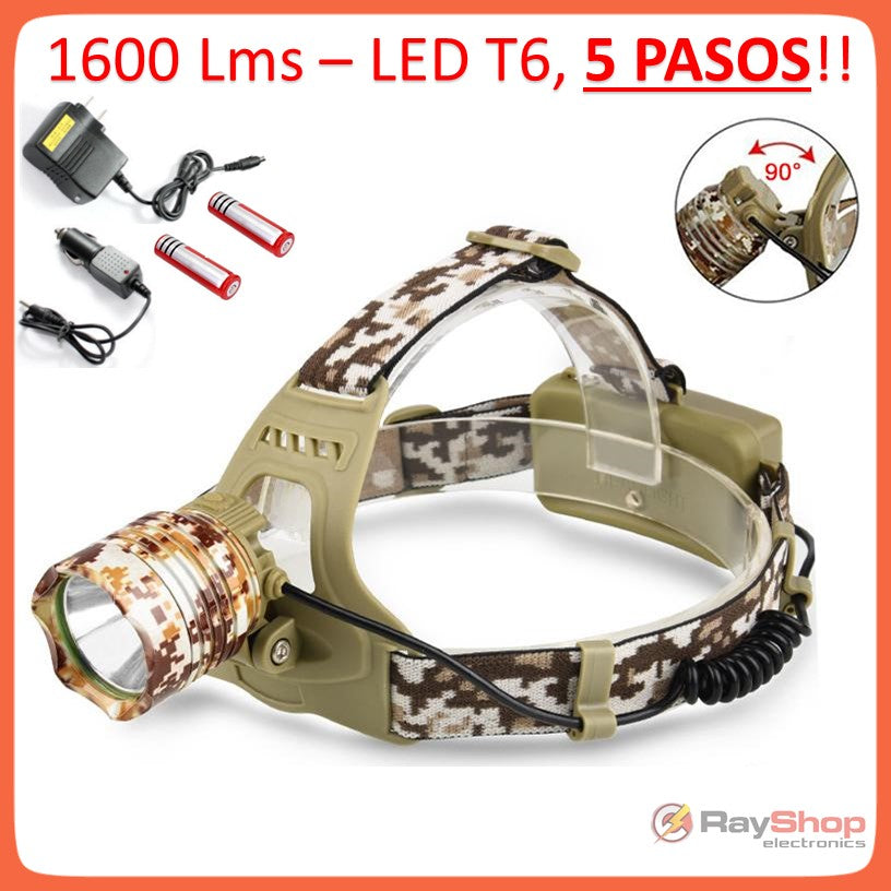 Lámpara frontal táctica camuflada con LED T6, 5 modos y 2 pilas 18650 (DT45)