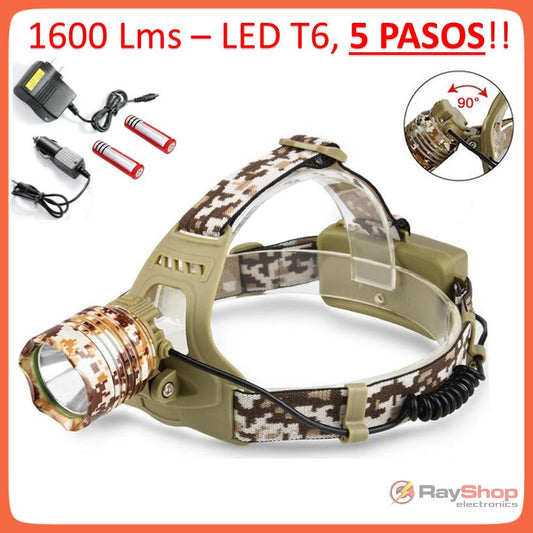 Lámpara frontal táctica camuflada con LED T6, 5 modos y 2 pilas 18650 (DT45)