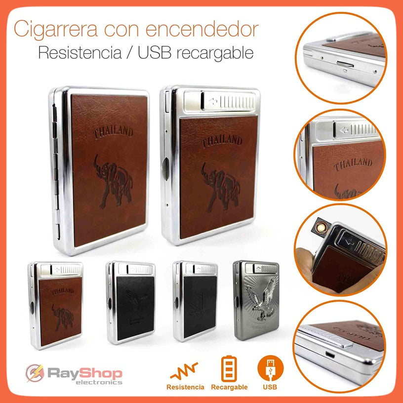 Cigarrera recargable con encendedor USB para 20 cigarros, varios diseños