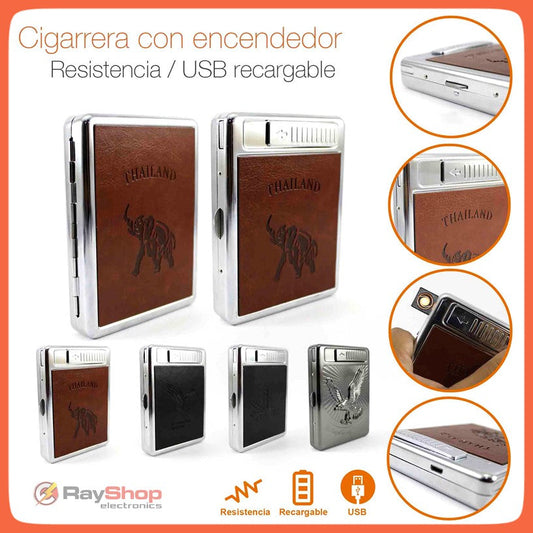 Cigarrera recargable con encendedor USB para 20 cigarros, varios diseños