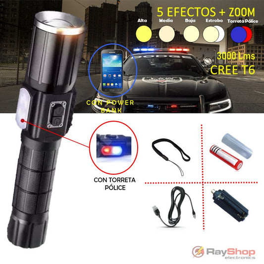 Linterna táctica USB 3000 lúmenes con power bank y luces laterales (DT14)