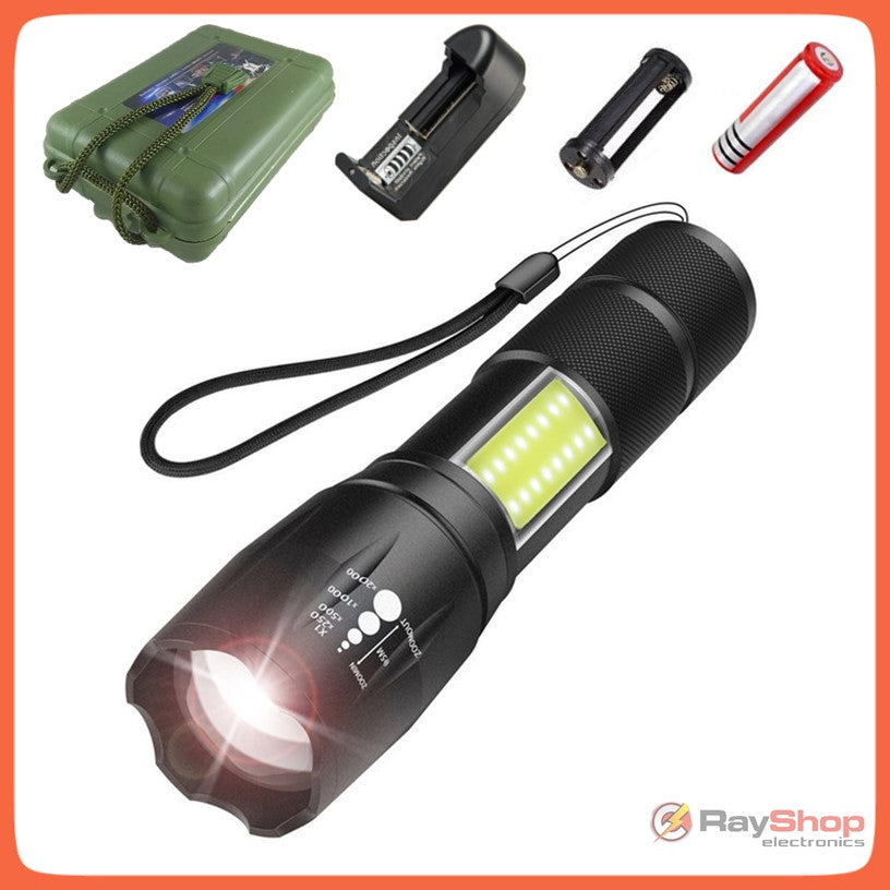 Linterna táctica de 2500 lúmenes con LED CREE T6 y luz COB