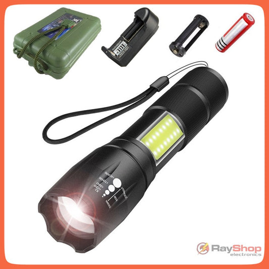 Linterna táctica de 2500 lúmenes con LED CREE T6 y luz COB