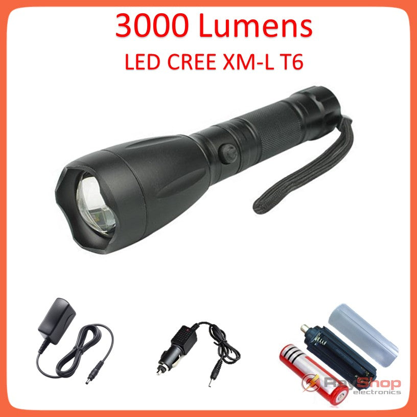 Linterna táctica de aluminio 3000 lúmenes LED T6 con zoom (T52T6)