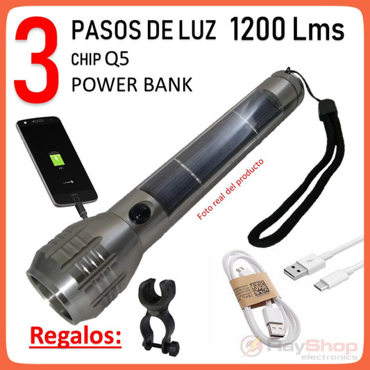 Linterna táctica solar recargable con power bank, 1200 lúmenes (DT86)