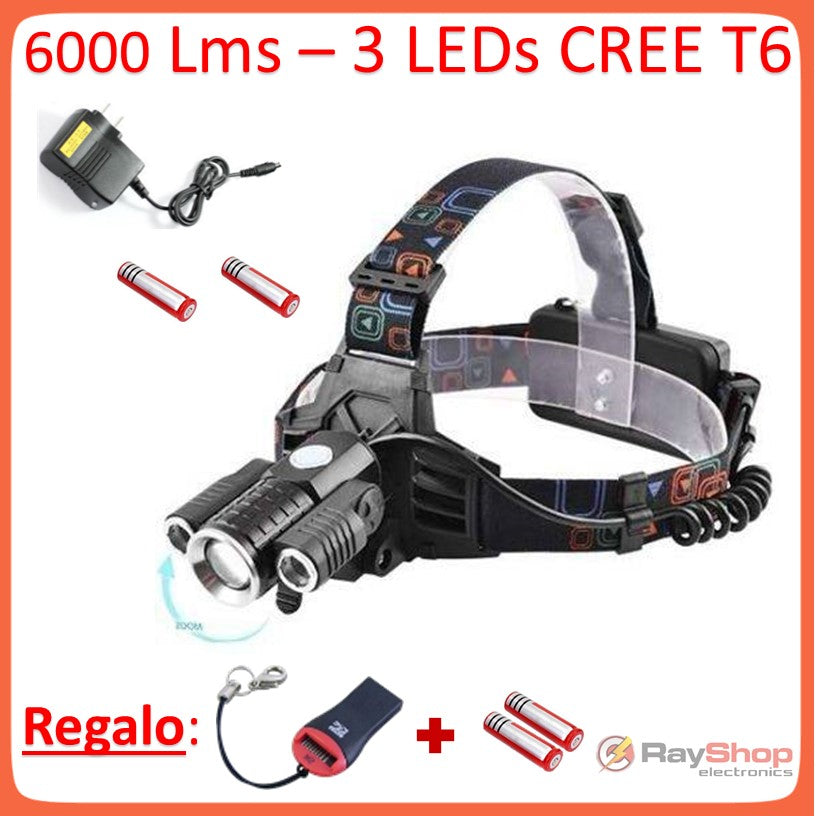 Linterna de cabeza y bici 2 en 1, 3 LED y 6000 lúmenes (DT195)