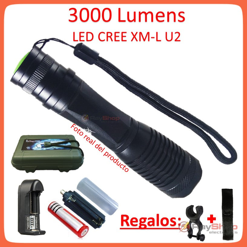Mini linterna táctica de 3000 lúmenes con LED CREE U2 y correa de mano