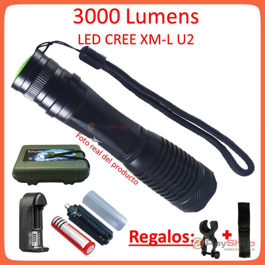 Mini linterna táctica de 3000 lúmenes con LED CREE U2 y correa de mano