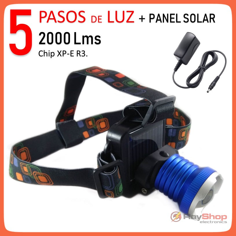 Lámpara de cabeza con panel solar, 2000 lúmenes y 5 modos de luz (DT72)