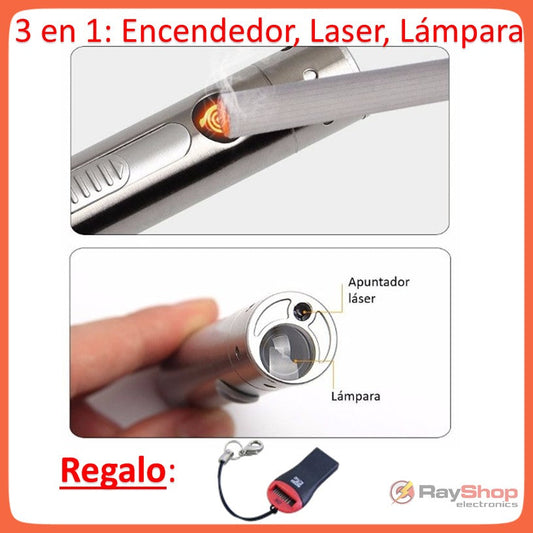 Encendedor electrónico 3 en 1 con linterna LED y apuntador láser rojo (DT147)
