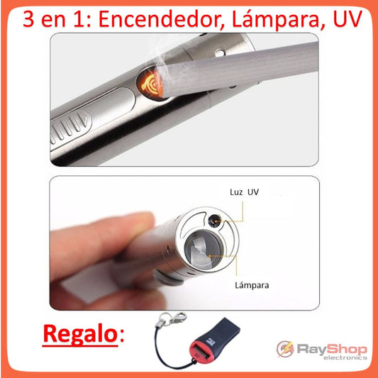 Encendedor electrónico 3 en 1 con linterna LED y luz UV detectora (DT146)