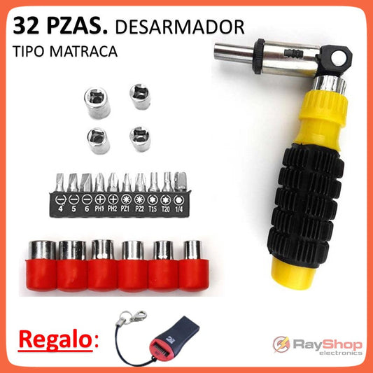 Desarmador de matraca con 16 puntas y 11 dados intercambiables