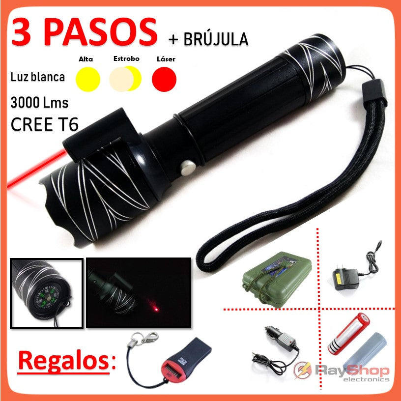 Linterna táctica de 3000 lúmenes con zoom, apuntador láser y brújula