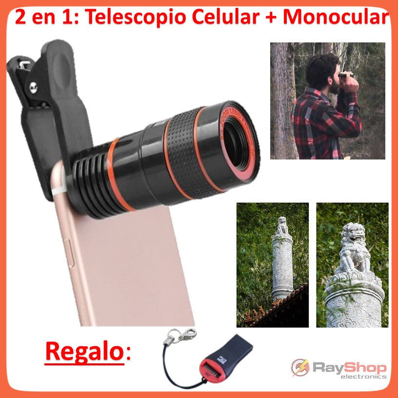 Lente zoom 8x para celular con clip, también monocular 8x18