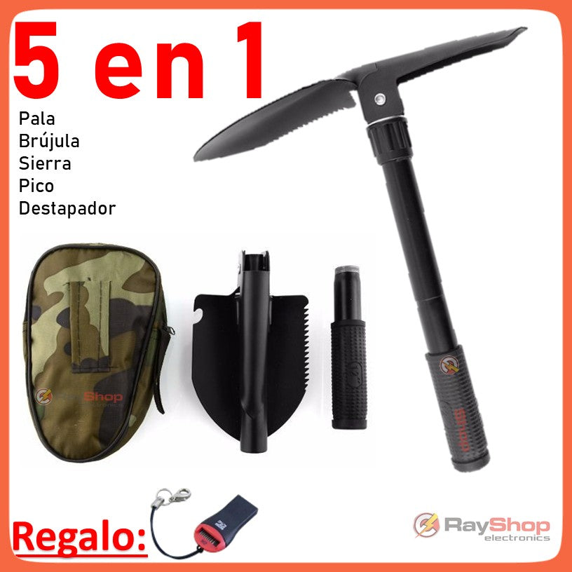 Pala plegable 5 en 1 con pico, sierra y brújula