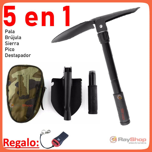 Pala plegable 5 en 1 con pico, sierra y brújula