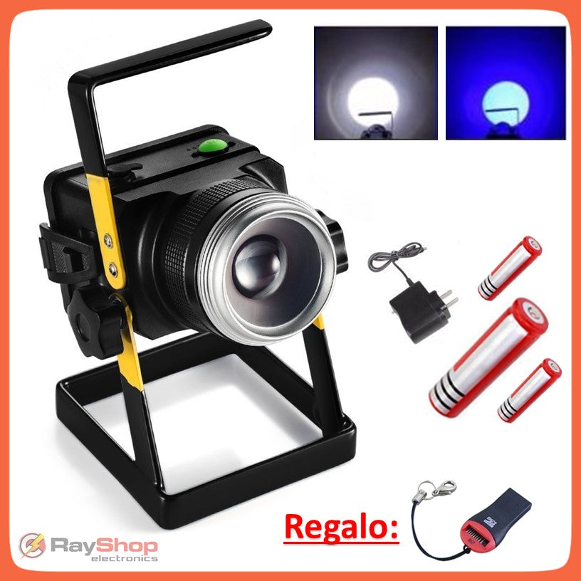 Reflector LED recargable de 30 W con luz blanca y azul, zoom y mango (DT87)