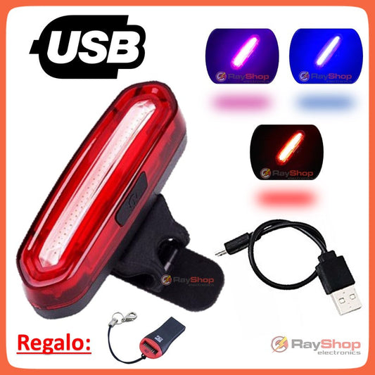 Luz trasera para bicicleta recargable en rojo, azul y magenta