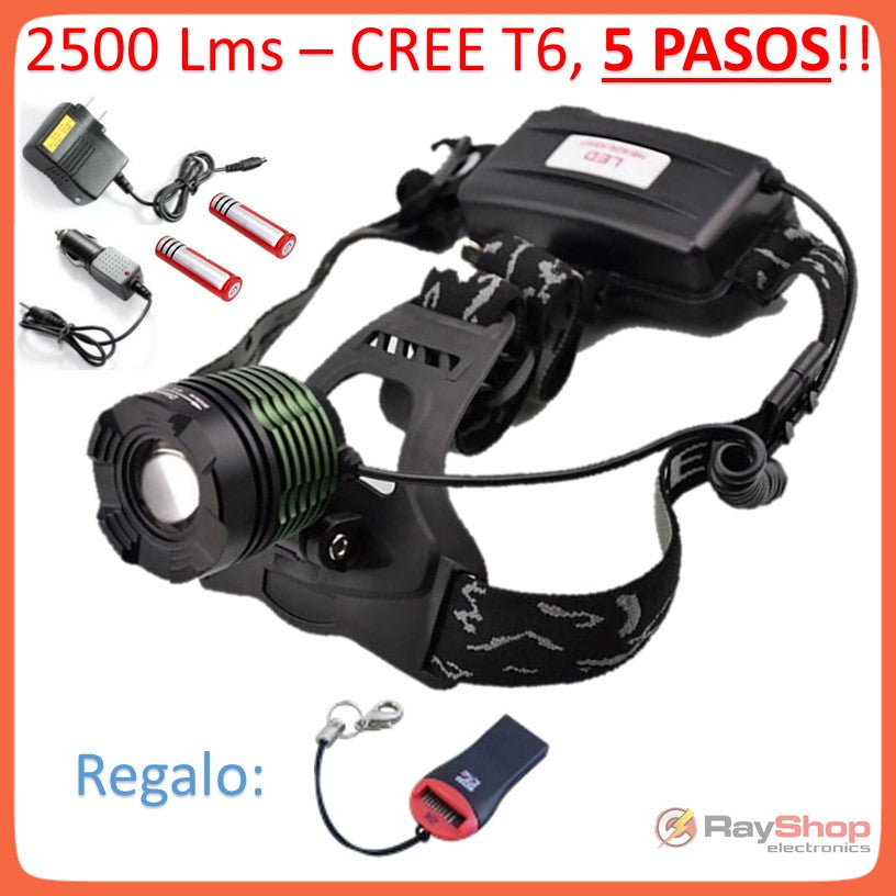 Lámpara frontal de 2500 lúmenes con zoom, LED CREE T6 y 5 modos (DT93)