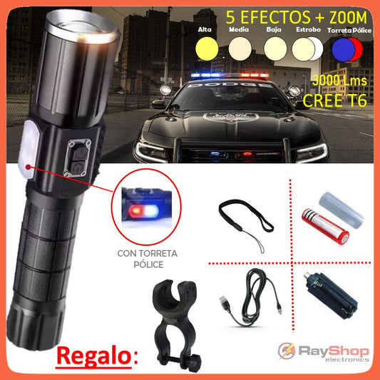 Linterna táctica CREE T6 de 3000 lúmenes con luz lateral y efecto patrulla