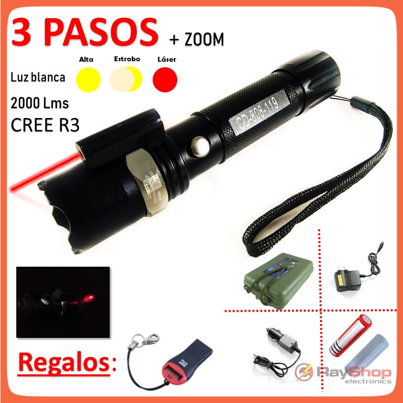 Lámpara táctica de 2000 lúmenes con zoom y apuntador láser, LED CREE R3 (CD119)