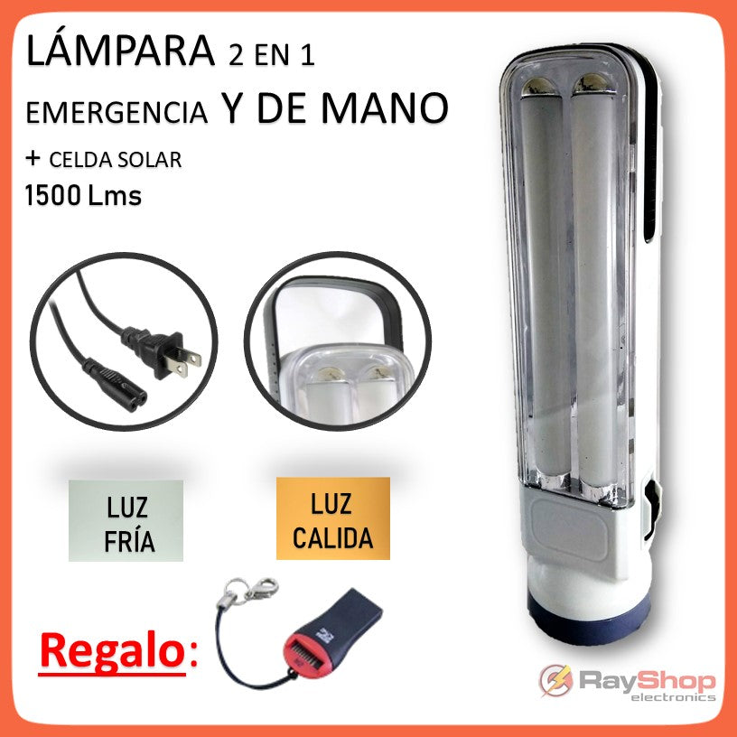 Lámpara de emergencia solar y recargable con luz fría y cálida
