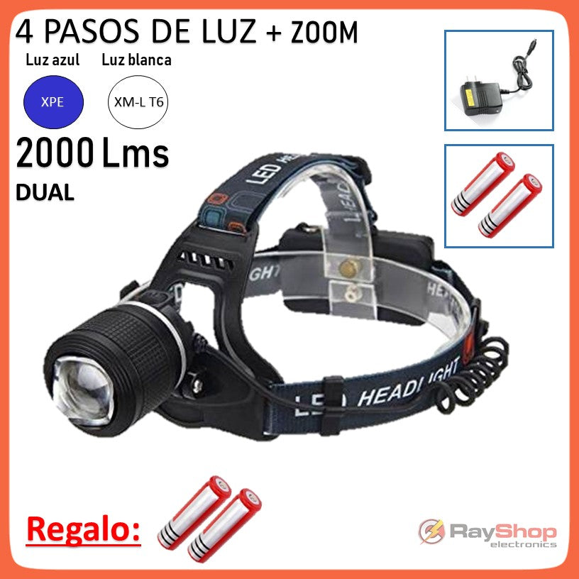 Linterna de cabeza con luz blanca y azul, 2000 lúmenes y luz roja trasera (DT55)