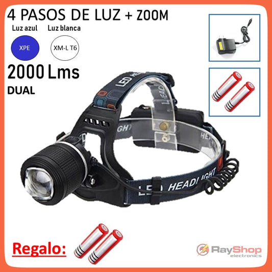 Linterna de cabeza con luz blanca y azul, 2000 lúmenes y luz roja trasera (DT55)