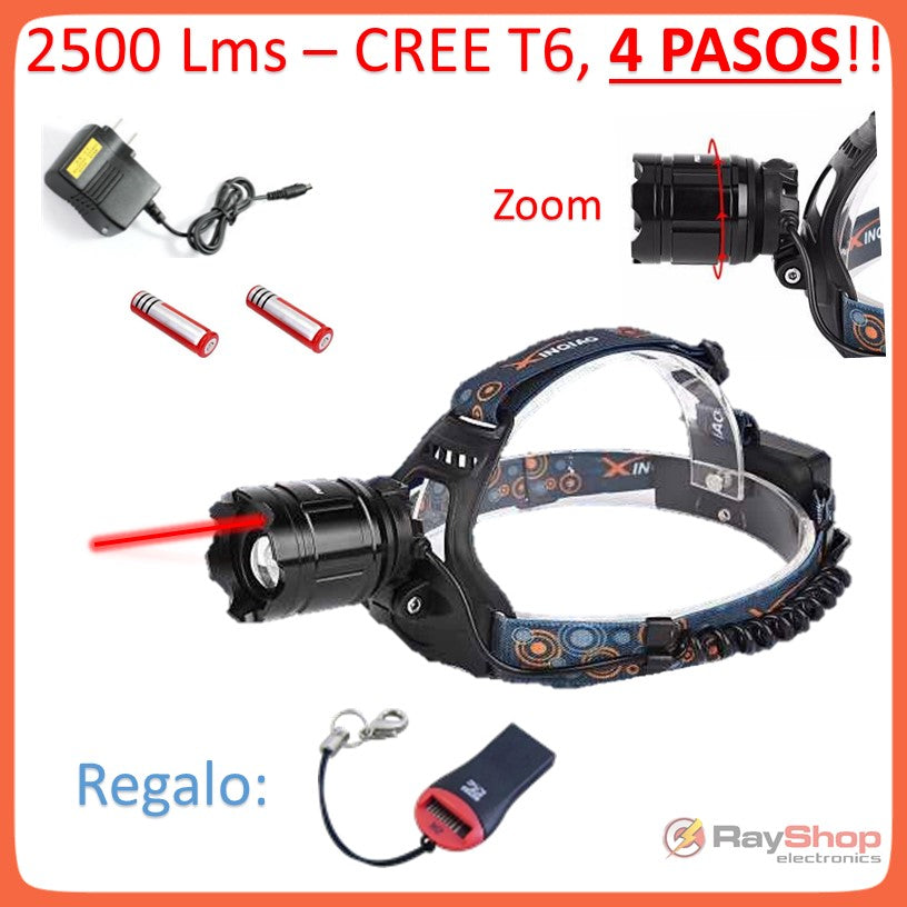 Linterna de cabeza con láser, 2500 lúmenes, LED CREE T6 y zoom (DT82)