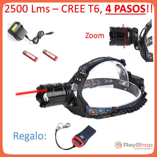 Linterna de cabeza con láser, 2500 lúmenes, LED CREE T6 y zoom (DT82)