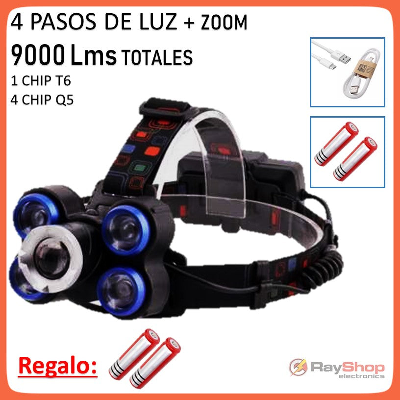 Linterna de cabeza de 5 LED y 9000 lúmenes con luz roja trasera (DT274)