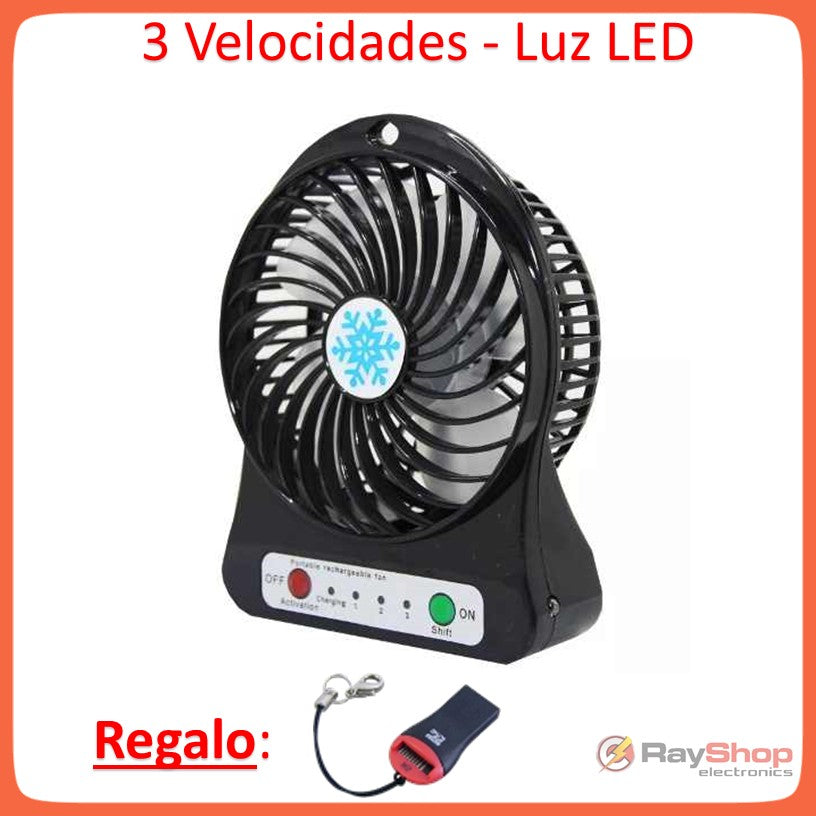 Mini ventilador portátil recargable con luz LED y 3 velocidades