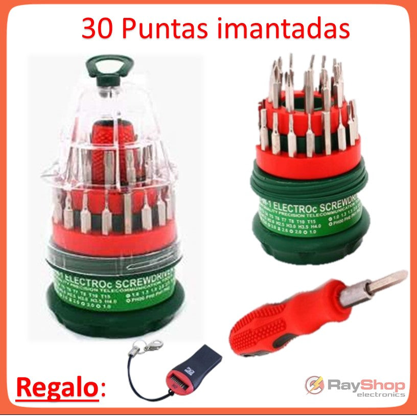 Desarmador tipo granada con 30 puntas imantadas intercambiables