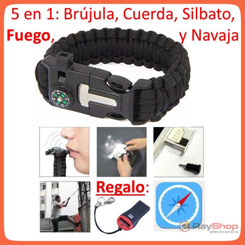 Pulsera de paracord 5 en 1 con brújula, silbato y pedernal